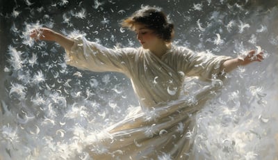 Start frame of a woman in ivory silk, before the prompt adds a spin — published MiniMax H3 Max demo