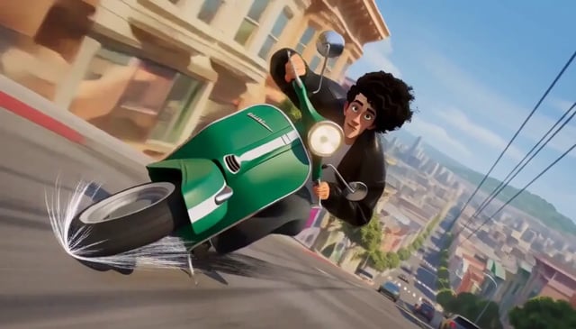 A rider on a green scooter leaning through a steep city street