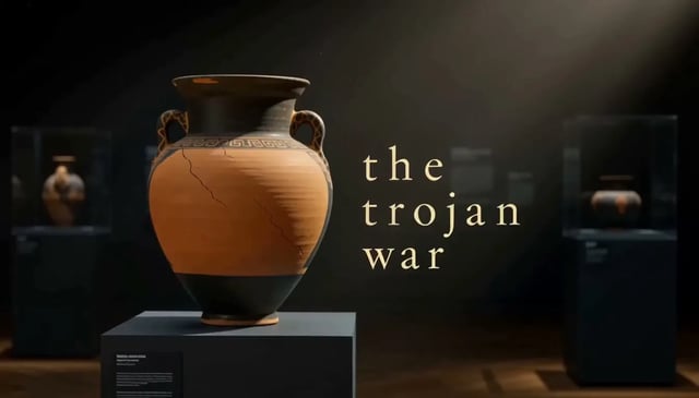 A museum vase with painted scenes and the words The Trojan War