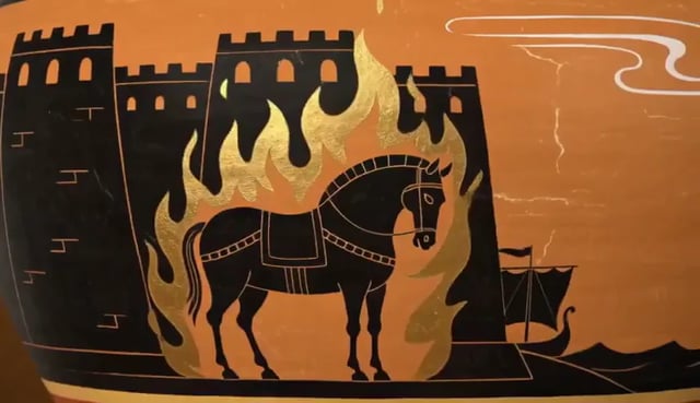 A painted horse and sailing ship transition across a decorated ceramic vase
