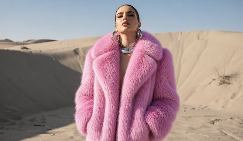 Pink-fur fashion still walking a set of poses on the dunes