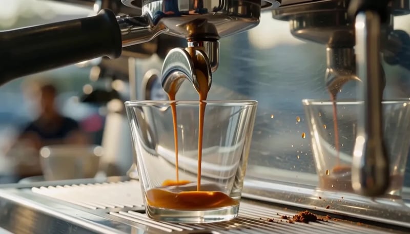 Espresso pulling from a chrome portafilter into a glass, crema blooming — published MiniMax H3 Max demo
