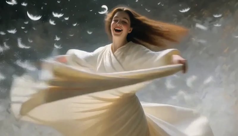 A woman in ivory silk spinning through white feathers — published MiniMax H3 Max demo