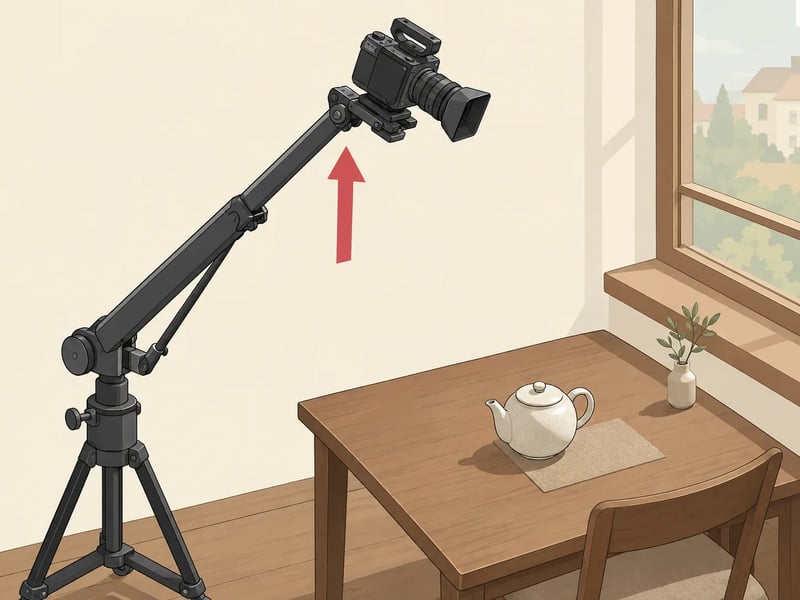 Direction diagram: a camera cranes up above a ceramic teapot on a wooden table — illustration, not a generated take
