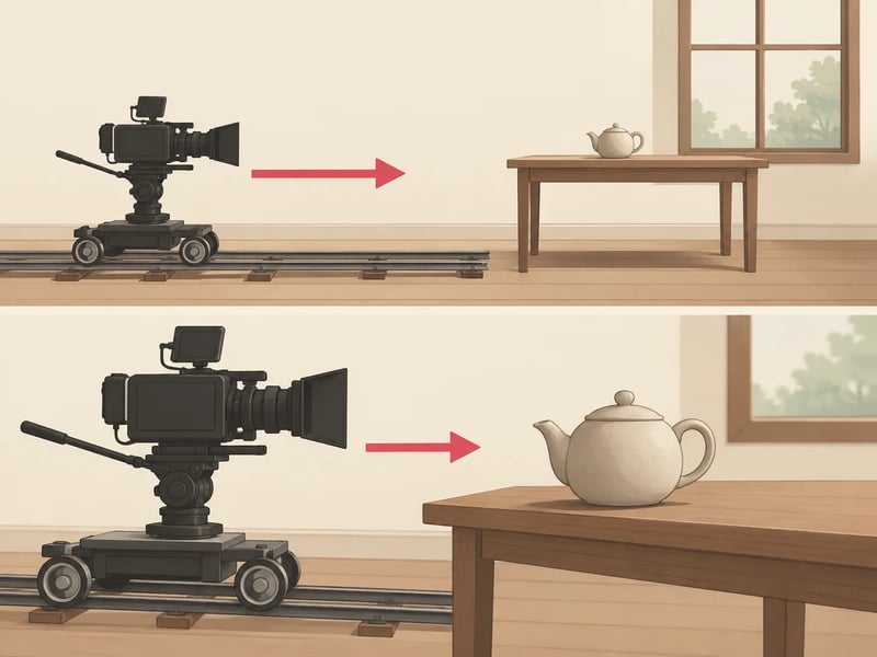 Direction diagram: a camera dollies in toward a ceramic teapot on a wooden table — illustration, not a generated take