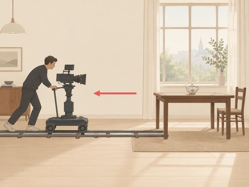 Direction diagram: a camera dollies out from a ceramic teapot to show the table and window — illustration, not a generated take
