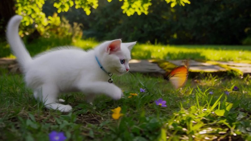 MiniMax H3 Max text to video result: a white kitten chasing a butterfly across a sunlit garden