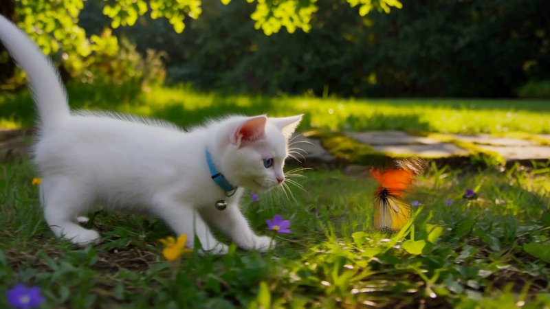 MiniMax H3 Max Turbo text-to-video still: a white kitten chasing a butterfly in a sunlit garden