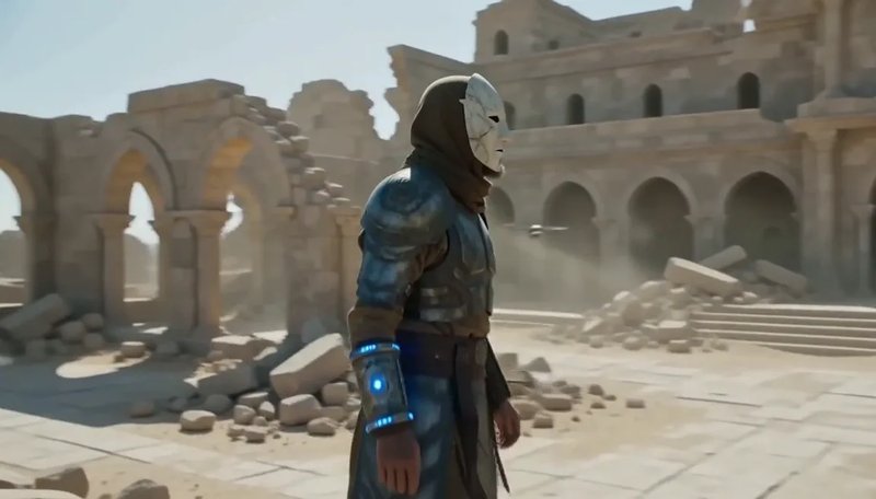 AI video still from H3 Max: a warrior-monk crossing a ruined monastery with drones overhead